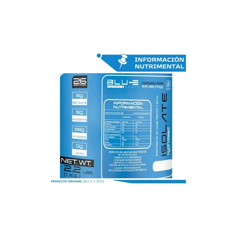 Proteína Whey Isolate BLU-E en Polvo de 1 Kg Sabor