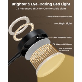 Glocusent Clip on Light, 72-LED Clip on Lamp with Amber Night Light, 3 Colors & 5 Brightness Bed Lamp, 30-Min Auto Off Timer, Perfect Eye Carging Reading Lamps for Bed/Bunk Bed