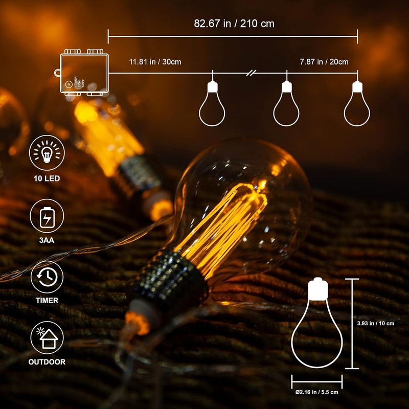 Battery Operated Edison Lights Outdoor String with Timer, 6.56 Ft