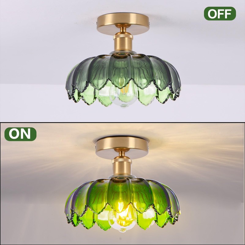 Dellemade Chandelier, Flush Mount Ceiling Light, Green Glass Shade Light