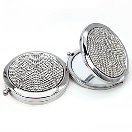 Reazana 2pcs Magnifying Compact Mirrors 1X 2X Purse Pocket Makeup Mirror Folding Travel Mirrors Sturdy Metal with Diamonds Foldable Mini Round Cosmetic Mirror 2.75 Inch Gifts for Women Girls (Silvery)