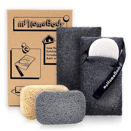 Bolsa de jabón exfoliante para jabón | Esponja exfoliante corporal, exfoliante para baño o ducha | para jabón de barra grande o puntas sobrantes | Gris grafito, paquete de 2 + 2 almohadillas de levantamiento de jabón