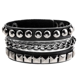 Zysta Jewellery Wide Genuine Leather Bracelet, Bangle, Rivets, Wrap Rivets Cuff, Unisex Punk Rock, Black