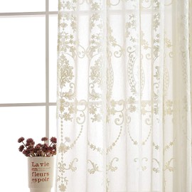 SLOW SOUL Set of 2 European Classic Curtains for Living Room Bedroom with Eyelets Transparent Embroidered Window Curtains White, 137 x 160 cm (W x H)