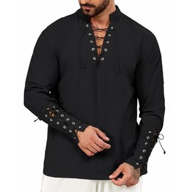 Heyigrow Mens Shirts Pirate Costume, Long Sleeve Tops Viking Cosplay Renaissance Medieval T-Shirts Gothic Cotton Outfits Side Slit(Black,S)