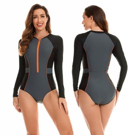 LafyKoly Women's One Piece Rash Guard Swimwear Long Sleeve Zipper UV Protection Swimsuit Surfing Bathing Suits