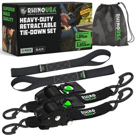 Rhino USA 2" x 10' Retractable Ratchet Straps 2-Pack - (3,033lb Break Strength) - Heavy Duty Self Retracting Tie Down Straps for Truck, Cargo Trailer:_Green_2-Pack