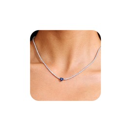 AllenCOCO September Sterling Silver Necklace for Women, 14K White Gold AAAAA+ Cubic Zirconia Chain Heart Sapphire Necklace Dainty Silver Birthstone Tennis Necklace Heart Crystal Choker Necklace