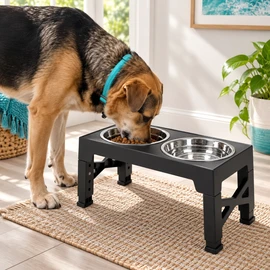 Adjustable Elevated Dog Feeder with Slow Feeder Bowl and Stainless Steel Bowl, 4-Height Foldable Raised Stand
