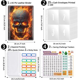 100 Envelopes Money Saving Challenge, A5 Budget Binder with Cash Envelopes & 3 Budgeting Planner Trackers to Save $5,050, 10,000, 500, Money Savings Challenge Book for Organizer, Flaming Skull