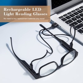OKH LED Reading Glasses with Light Rechargeable Women Men Anti Blue Light Reader Eyeglasses (Rectangle Black, 2.0X)