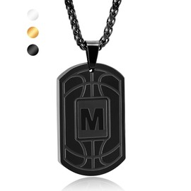 Fervia Basketball Initial Necklace for Men Dog Tag Stainless Steel Black Letter Pendant Sport Basketball Athletes Jewelry Gifts for Men Boys Boyfriend with 22+2 Inches Stainless Steel Chain(M)
