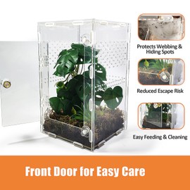 Furatune Acrylic Jumping Spider Enclosure Large 6”x6”x10” with Front Door, Arboreal Tarantula Enclosure, Praying Mantis Habitat for Spider, Mantis, Snail, Tarantula, Isopods, Beetles, Millipedes