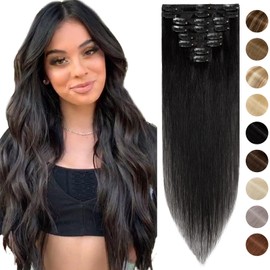 Silk-co 8 PCS Hair Extensions Clip in Hair Extension #01 Jet Black Real Remy Straight Hair Extensions 10"-50g Basic Thickness-Thin Weft