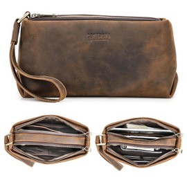 Contacts Mens Genuine Leather Phone Clutch for Men, Large Capacity for Cards/Phone/Check/Banknote Passport Travel Hand Bag 2 Zip Wallet Purse with Wrist Strap Vintage