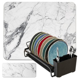 AquaTerra Diatomaceous Earth Drying Mat with Matching Sponge Caddy & Dish Rack | 3-Piece Set (White Marble, Large) | Heat-Resistant & Multi-Purpose for Drying and Kitchen Organization