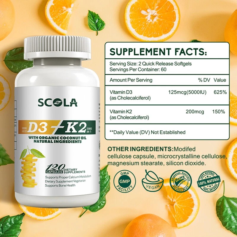 SCOLA Vitamin D3 K2 5000 IU D3 & 200mcg K2