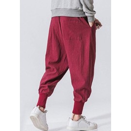 LifeHe Men Linen Drop Crotch Wide Leg Baggy Harem Pants (Red, XXL)