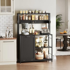 HOOBRO Bakers Rack Microwave Stand with Trash Can Bin Cabinet, 5-Tier Kitchen Storage Shelf Cabinet with Power Outlet, Tall Coffee Bar Table Station for Dining Room, Living Room, Black BB50UHB01