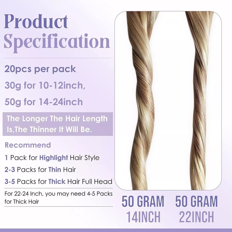 Fshine Extensiones De Cabello Humano 50gr 20in 10 Castaño Claro