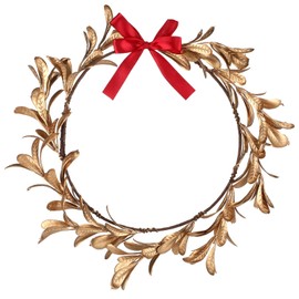 Suncalla 12 Inch Gold Christmas Wreaths with Red Bow for Front Door Plastic Golden Leaves Xmas Artificial Wreath Christmas Decorations for Windows Fireplaces Walls Porch Indoor and Outdoor