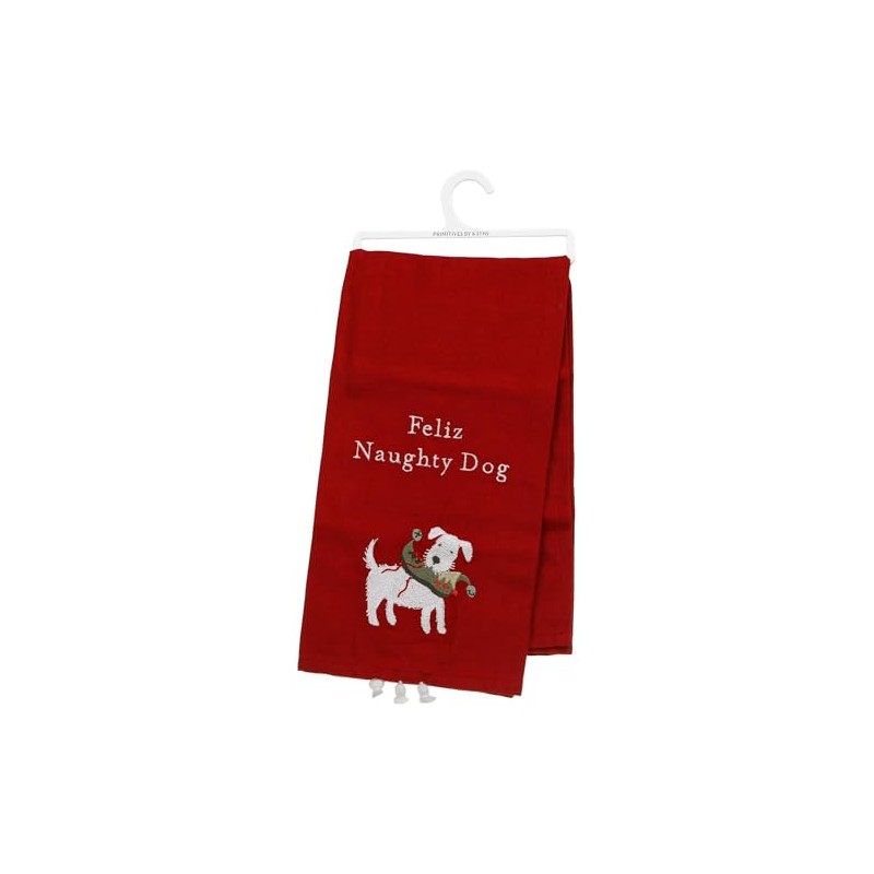 Primitives by Kathy Red Cotton-Linen Feliz Naughty Dog Dish Towel,