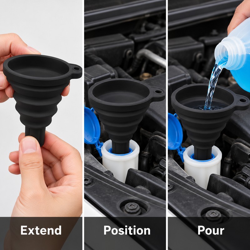 Collapsible Silicone Funnel for Car Fluid Refills – Black Foldable