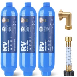 SheeChung RV Water Filter, NSF Certified, 3 Pack Inline Hose Water Filter with Brass 90 Degree Hose Elbow and Flexible Hose Protector, for RV, Boat, Camping – Reduces Odors, Bad Taste, Chlorine, Rust