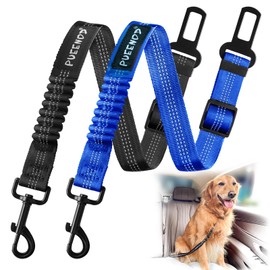 2 Pack Dog Seat Belt Adjustable Dog Car Seatbelts for Vehicle Nylon Pet Safety Seat Belt with Elastic Bungee Buffer Reflective & Durable Car Harness for Dogs… (Black + Blue)