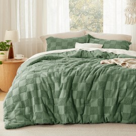 Bedsure King Size Comforter Set Green, Boho Tufted Bed Set, Checkered Farmhouse Shabby Chic Bedding, 3 Pieces, 1 Plaid Geometric Comforter and 2 Pillow Shams