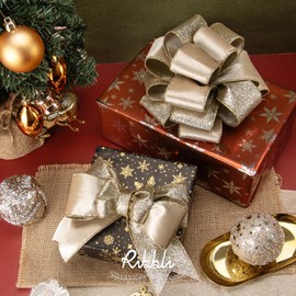 Ribbli Light Champagne Velvet Ribbon Wired 2.5 Inch Glossy Velvet with Champagne Glitter Christmas Ribbon for Tree Decoration Big Bow Gift Wrapping Crafts Wreaths Supplies - Continuous 10 Yards