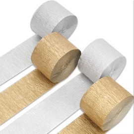 PartyWoo Crepe Paper Streamers 4 Rolls 328ft, Pack of Gold and Silver Crepe Paper for Party Decorations, Wedding Decorations, Birthday Decorations, Baby Shower Decorations (1.8 Inch x 82 Ft/Roll)