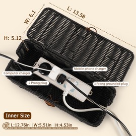 Cable Management Box, Handwoven Faux Rattan Cord Organizer Box with Lid, 2 Open Slots Cable Organizer Box, Decorative Cord Hider Box for Tv Computer USB Hub & Power Strip Holder