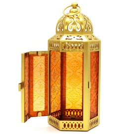 CVHOMEDECO. Decorative Candle Lantern Moroccan Lanterns Vintage Golden Metal Lantern Holder for Home Patio Outdoor Decor. Amber Glass, Medium