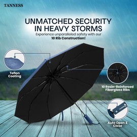 TANNESS Windproof Umbrella – 10-Rib Waterproof & Compact Umbrella with Automatic Open/Close Function and Ergonomic Handle – Folding Mini Umbrella - Strong Umbrellas for Wind and Rain (Blue)