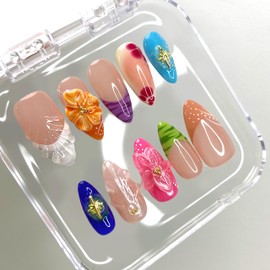 MAGLFELL Press On Nails - Handmade Unique Medium Almond Fake Nails, Thick Acrylic and Muti-Layer Gel False Nails, Reusable Gel Cured Sturdier 3D Fake Nails, DIY Art Decorate with Set
