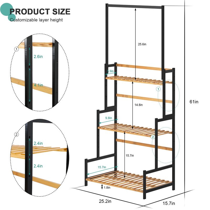 Ufine Bamboo Hanging Plant Stand 3 Tier Ladder Shelf with