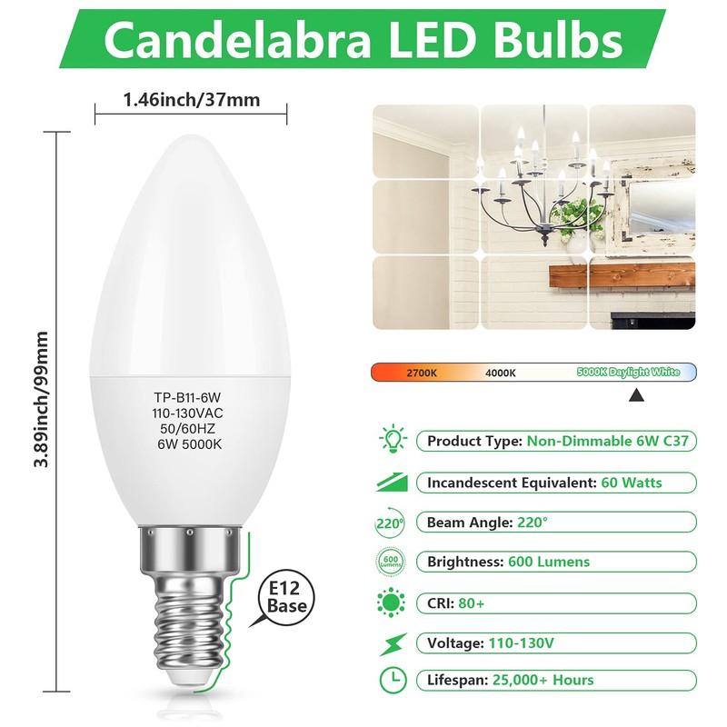 MAXvolador 12-Pack E12 Candelabra LED Bulbs 60W Equivalent, 6W 600