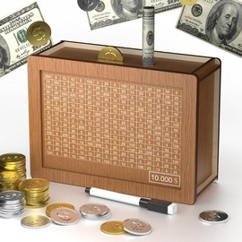 10000 Savings Challenge Box, Cash Vault Wooden Savings Box 10000, Money Saving Box 10000 with Numbers,  10000 Savings Box with Erasable Pen - Colour: Assembled Wooden Box-$10k