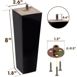 BARIEN 8 inch Wood Furniture Legs - Square Sofa Legs, Couch Leg - Brown Mid-Century Modern Replacement Legs for Armchair Recliner Coffee Table Dresser (Set 4, 8")