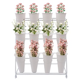 CNCEST 3 Layers Indoor Outdoor Flower Display Shelf,Flower Display Stand with 12PCS Buckets,for Fresh Flower Shop, Wrought Iron Florist Shelf, for Patio Garden, Living Room, Outdoor Flower Pop-Up Events (Style1)