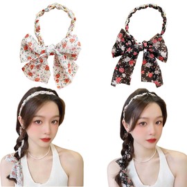 Coollooda Pearl Flower Headband (Set of 2) Ribbon Flower Hair Band No Pain Hair Band Stylish Small Face Everyday Use Party Recitals Graduation Ceremony School Entrance Ceremonies Photo Shooting Kids