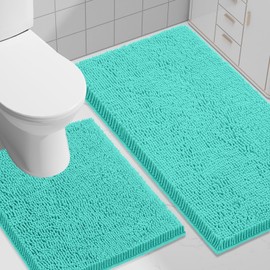 Smiry Bathroom Rugs and Mats Set, 2 Piece U Shaped Chenille Bath Mat and U-Shaped Toilet Rug Set, Non Slip Absorbent Shaggy Bath Rug for Tub, Shower and Bath Room (30" x 20"+24" x 20", Turquoise)