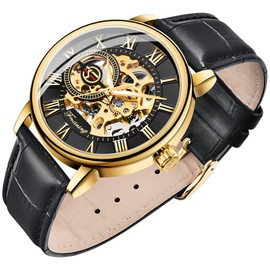 Dentily Classic Mechanical Hand-Wind Watch Men's Skeleton Watch Leather Strap Mens Watches