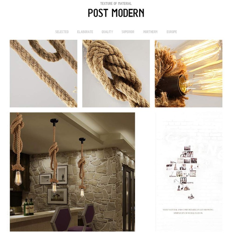 COOBATG Hemp Rope Chandelier Single Head;Pendant Lamp E27 Base Ceiling