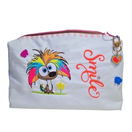 Estuche multifuncional para cosmetiquera, lapicera u otros. Elaborado a mano en Mexico. Pieza unica. Forro interior. Bordado perrito. decoracion divertida, accesorio en cierre, terminados decorativos