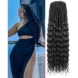 Deep Wave Faux Locs Crochet Hair- 24 Inches 8 Packs Pre Looped Natural Black 112 Strand Synthetic Hair Extensions, Soft Goddess Locs Braids with Long Deep Wave Curly Ends(24"-8 Packs,1B)