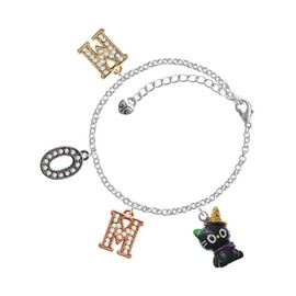 Delight Jewelry Resin Black Kitty Cat with Witch Hat Multi-Colored Crystal Mom Charm Bracelet, 6+2" Extender