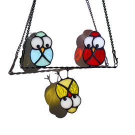 Owls Decor Stained Glass Suncatcher,Multicolor Owl Stained Glass Window Hangings,Bird Suncatchers Deocr for Door Room,Owl Gifts for Mom,Grandma,Bird Gifts for Bird Lovers Women