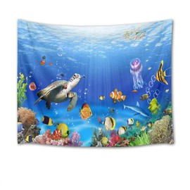 HVEST Sea Turtle Tapestry Tropical Fish Jellyfish and Coral Reef Under Blue Sea Wall Hanging Blanket Ocean Tapestries for Bedroom Living Room Dorm Decor,60Wx40H inches